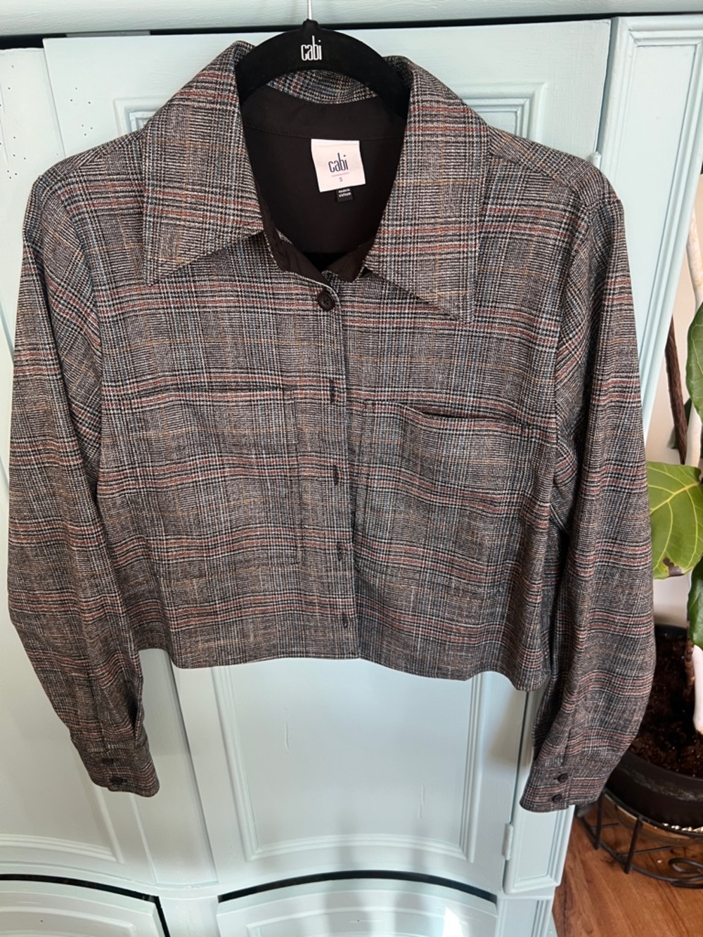 CAbi Plaid Cropped Jacket in Grey with Rust Threading